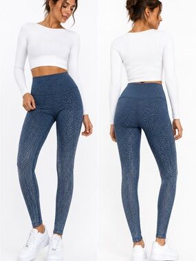 Beyond Yoga High-Rise Gray and Silver Sculpting Leggings with Dot Print